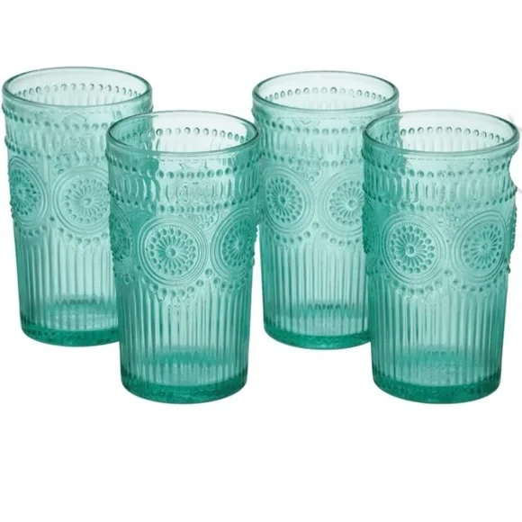 The Pioneer Woman Adeline 16-Ounce Teal Emboss Glass Tumblers, Set of 4 - Picture 2 of 6